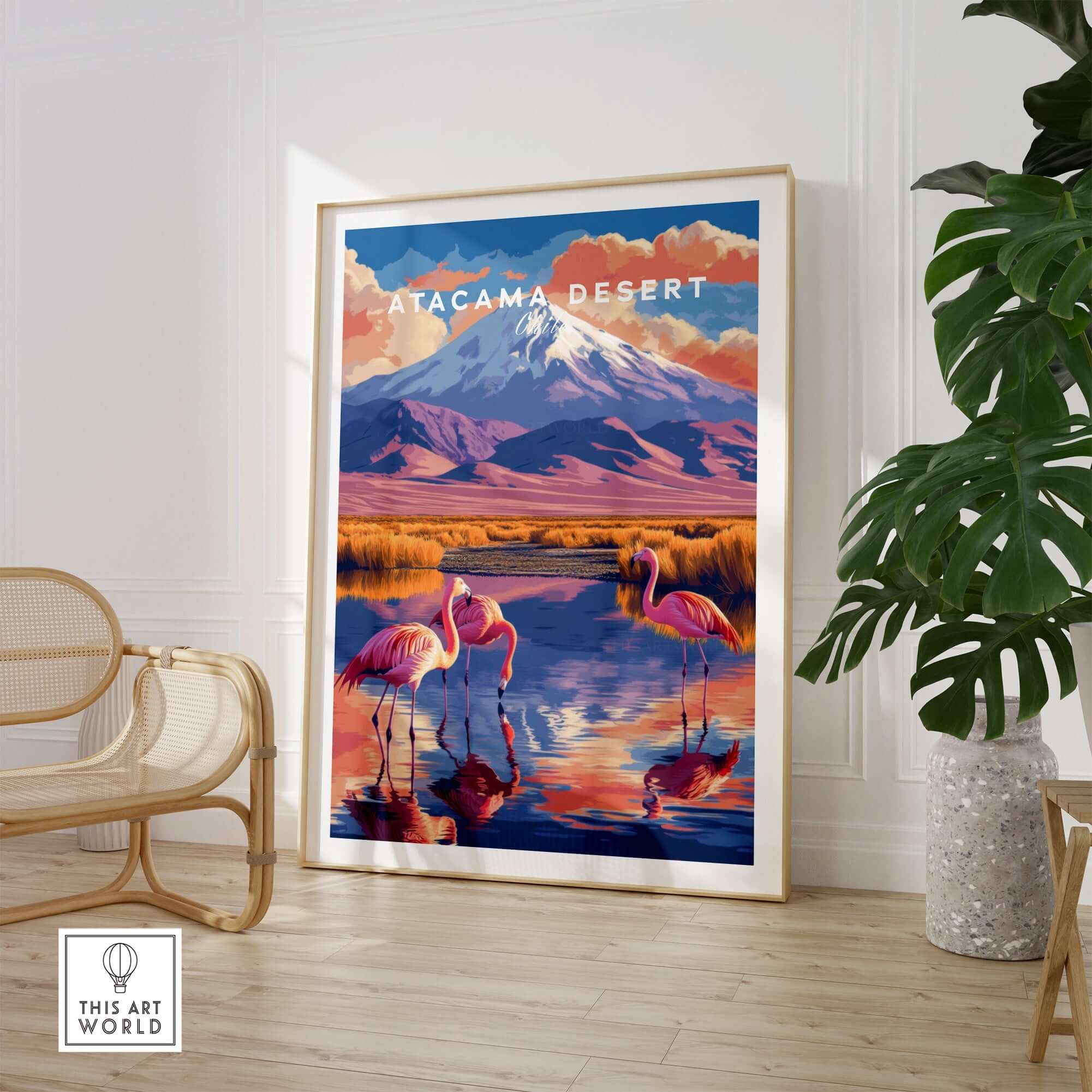 Atacama Desert Print featuring vibrant colors with flamingos and mountains in a stylish interior setting.