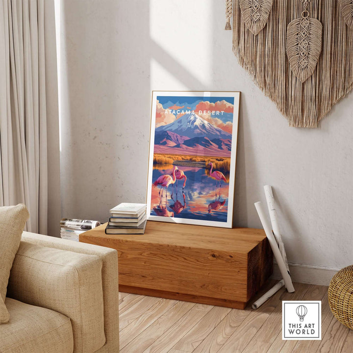 Atacama Desert print displayed in a stylish living room, showcasing vibrant colors and intricate desert details.