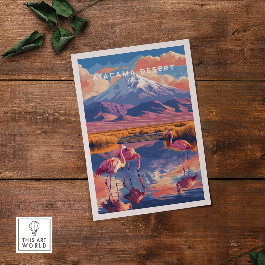 Vibrant Atacama Desert print featuring flamingos and mountains, perfect for home or office decor.