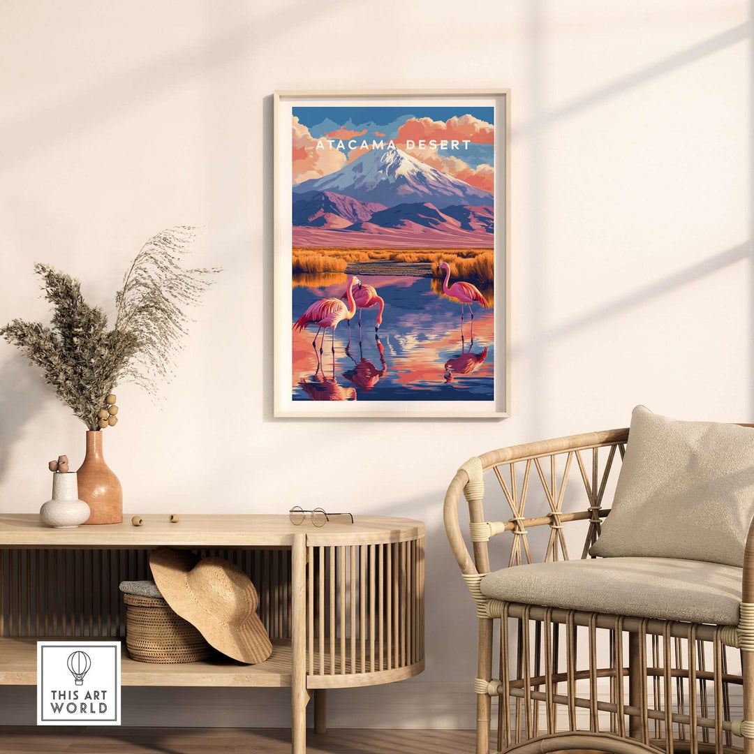 Atacama Desert print featuring vibrant colors and flamingos, framed and displayed in a modern living room setting.