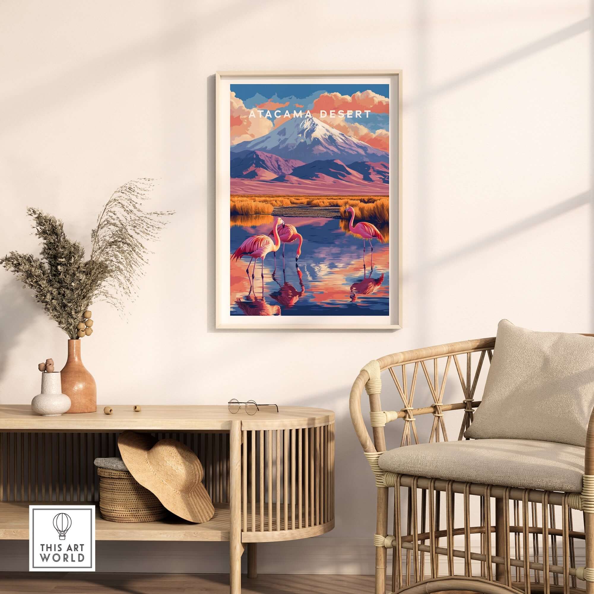 Atacama Desert Print featuring flamingos and mountains in a beautifully designed room setting.