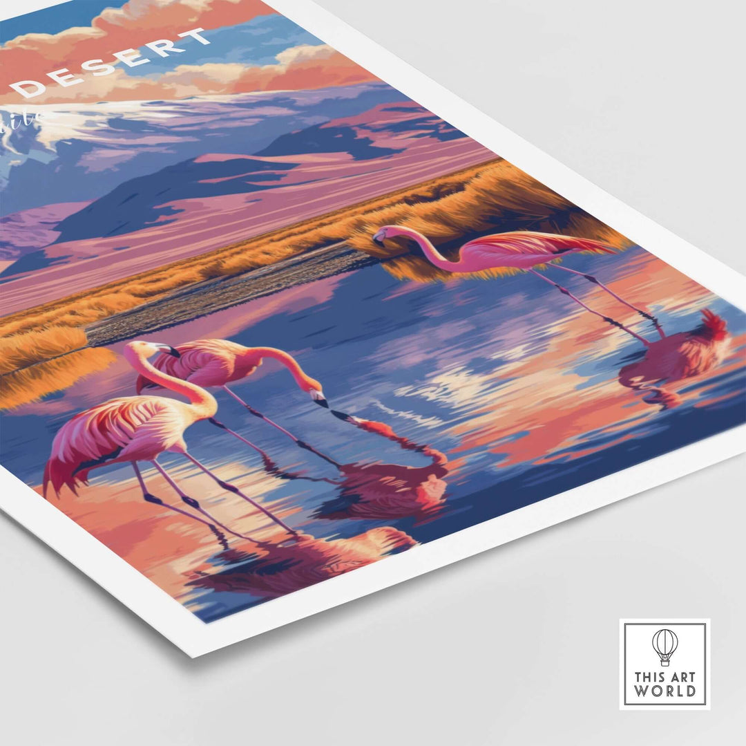 Vibrant Atacama Desert print featuring colorful flamingos and mountainous landscape reflections. Perfect for home decor.