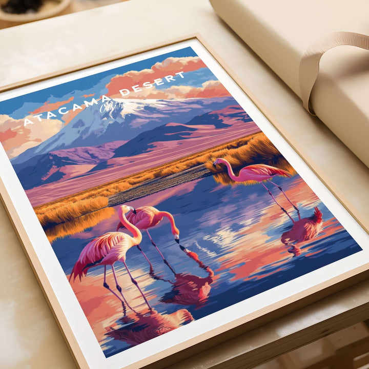 Atacama Desert print featuring vibrant colors, flamingos, and a scenic mountain backdrop, perfect for home or office decor.