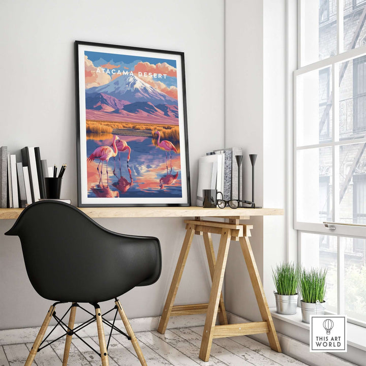 Atacama Desert Print hanging in a modern office, showcasing vibrant colors and scenic landscape with flamingos.