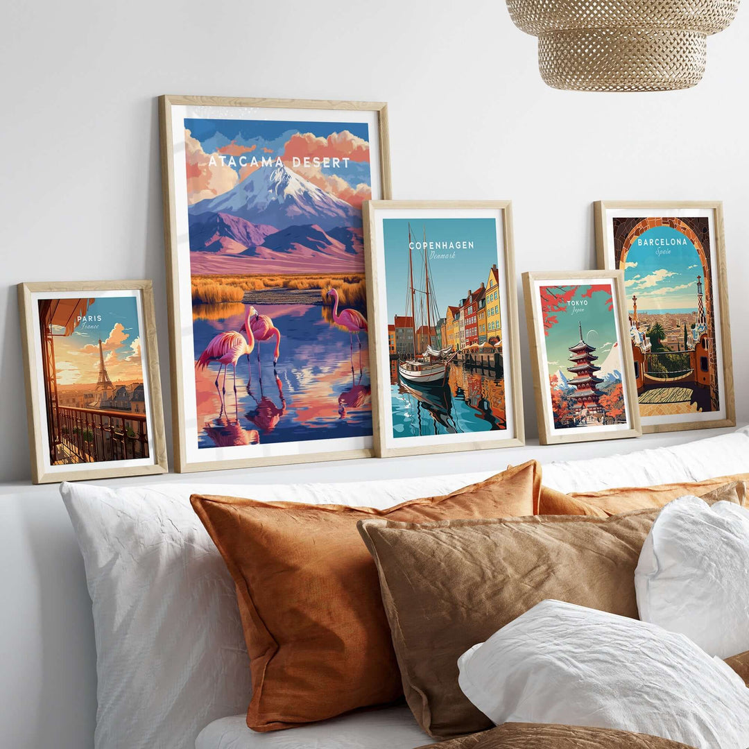 Atacama Desert print among framed travel art in a stylish home setting with decorative pillows.