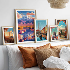 Atacama Desert Print showcased among vibrant travel-themed art prints on a stylish home decor display.