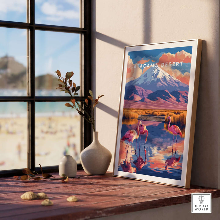 Atacama Desert print framed on a windowsill, showcasing vibrant colors and scenic details of the desert landscape.