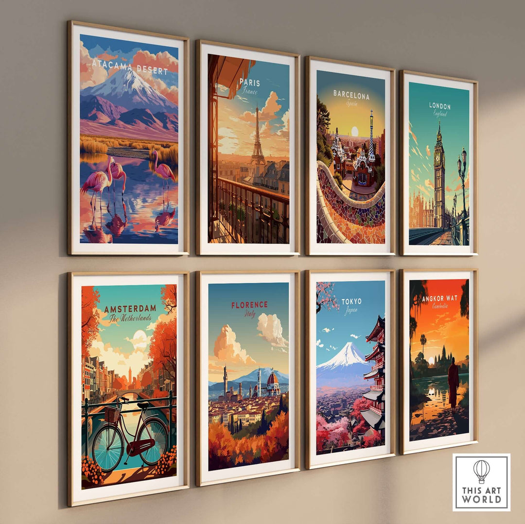 Colorful prints of global landmarks, including Atacama Desert, showcased in a stylish gallery wall arrangement.