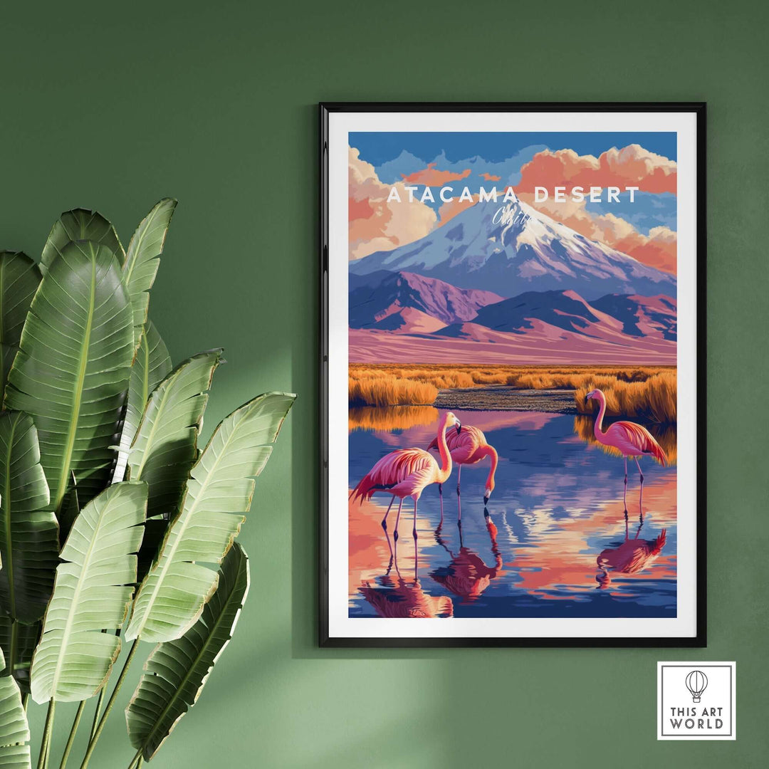 Atacama Desert print with vibrant colors, featuring flamingos and mountains, displayed on a green wall with plants.