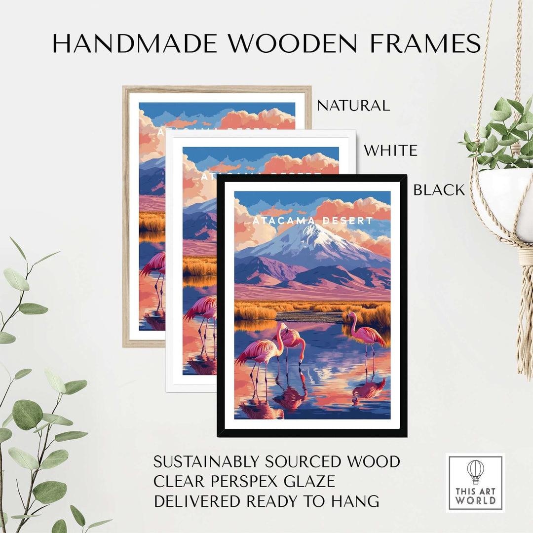 Handmade wooden frames in natural, white, and black finishes featuring Atacama Desert print with clear perspex glaze.