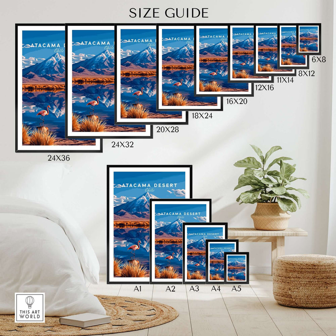 Atacama Desert print size guide featuring various sizes and iconic flamingo design for home decor.