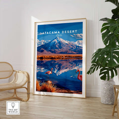 Atacama Desert Print Chile featuring flamingos and stunning mountain reflection, perfect for home decor.