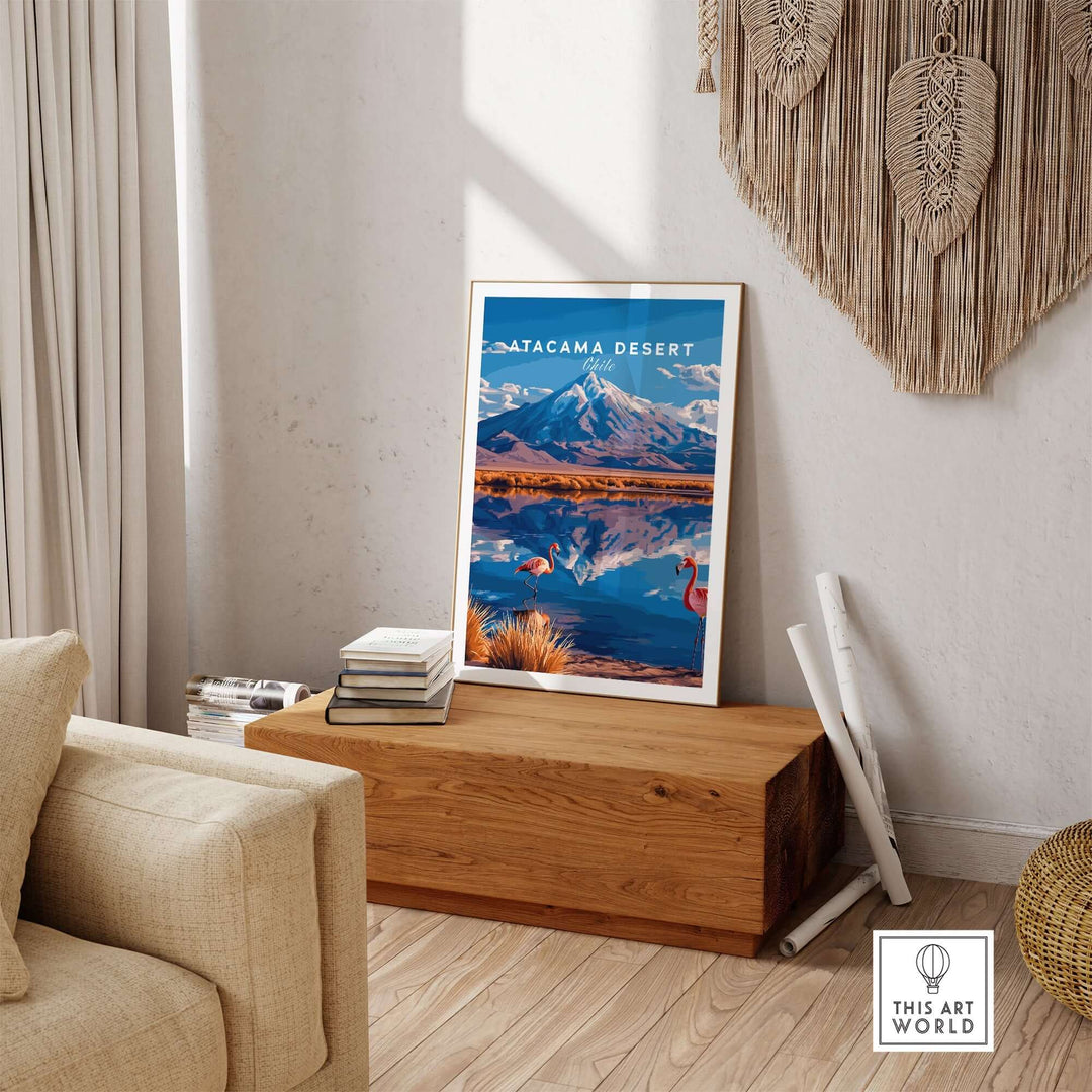 Atacama Desert print featuring flamingos and mountains, adding vibrant charm to home decor in a stylish interior setting.