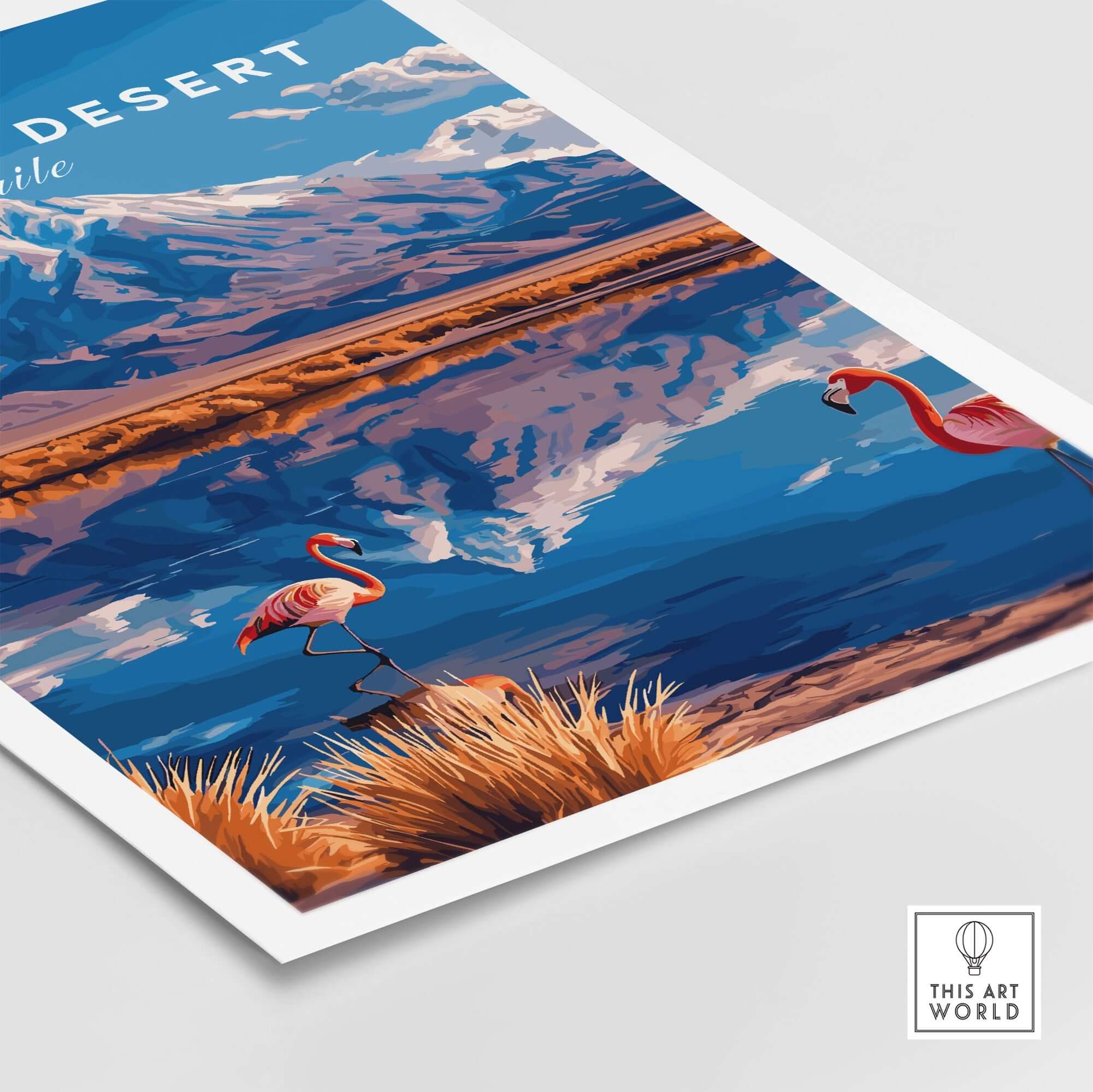 Atacama Desert Print Chile featuring vibrant flamingos and stunning landscapes of South America.