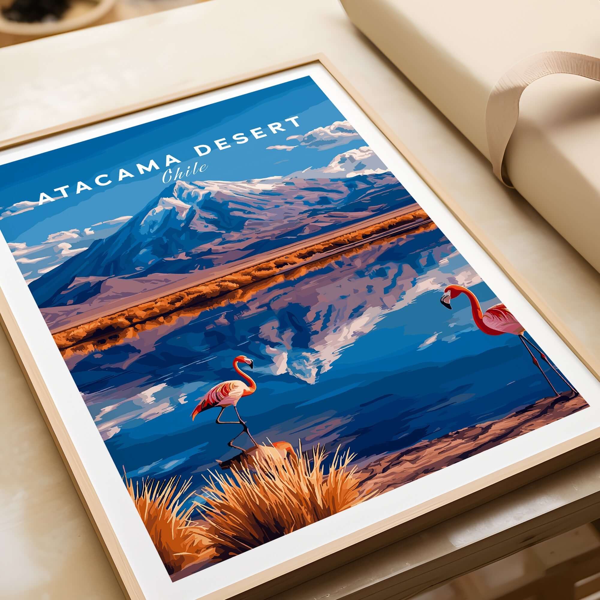 Atacama Desert Print Chile showcasing vibrant flamingos and picturesque mountains, perfect for home decor.