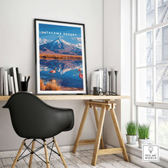 Atacama Desert Print Chile displayed in a stylish home office with flamingos and mountains in the background.