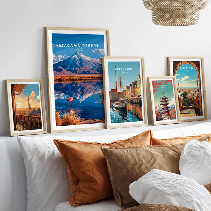 Atacama Desert print and other travel art prints displayed in a stylish living room setting with decorative cushions.