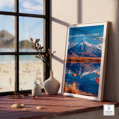 Atacama Desert Print Chile showcased in a stylish setting with flamingos and mountains, adding exotic charm to home decor.