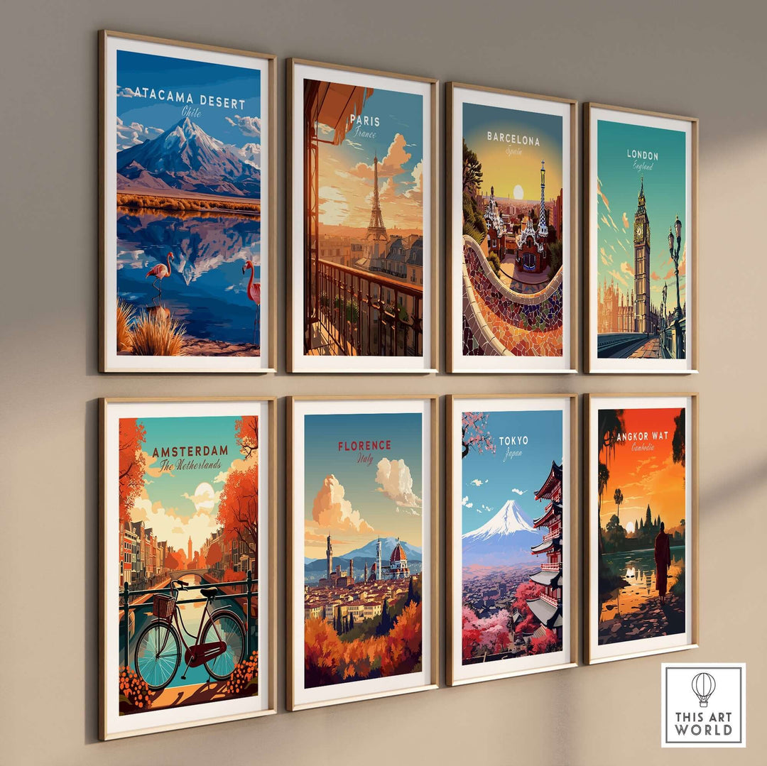 Collection of travel art prints including Atacama Desert, Paris, and Tokyo, showcasing vibrant cityscapes and landscapes.