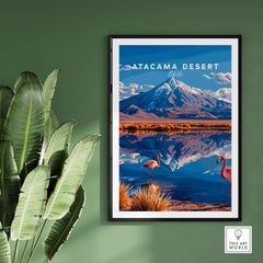 Atacama Desert Print Chile featuring vibrant scenery with flamingos and mountains, ideal for home decor.