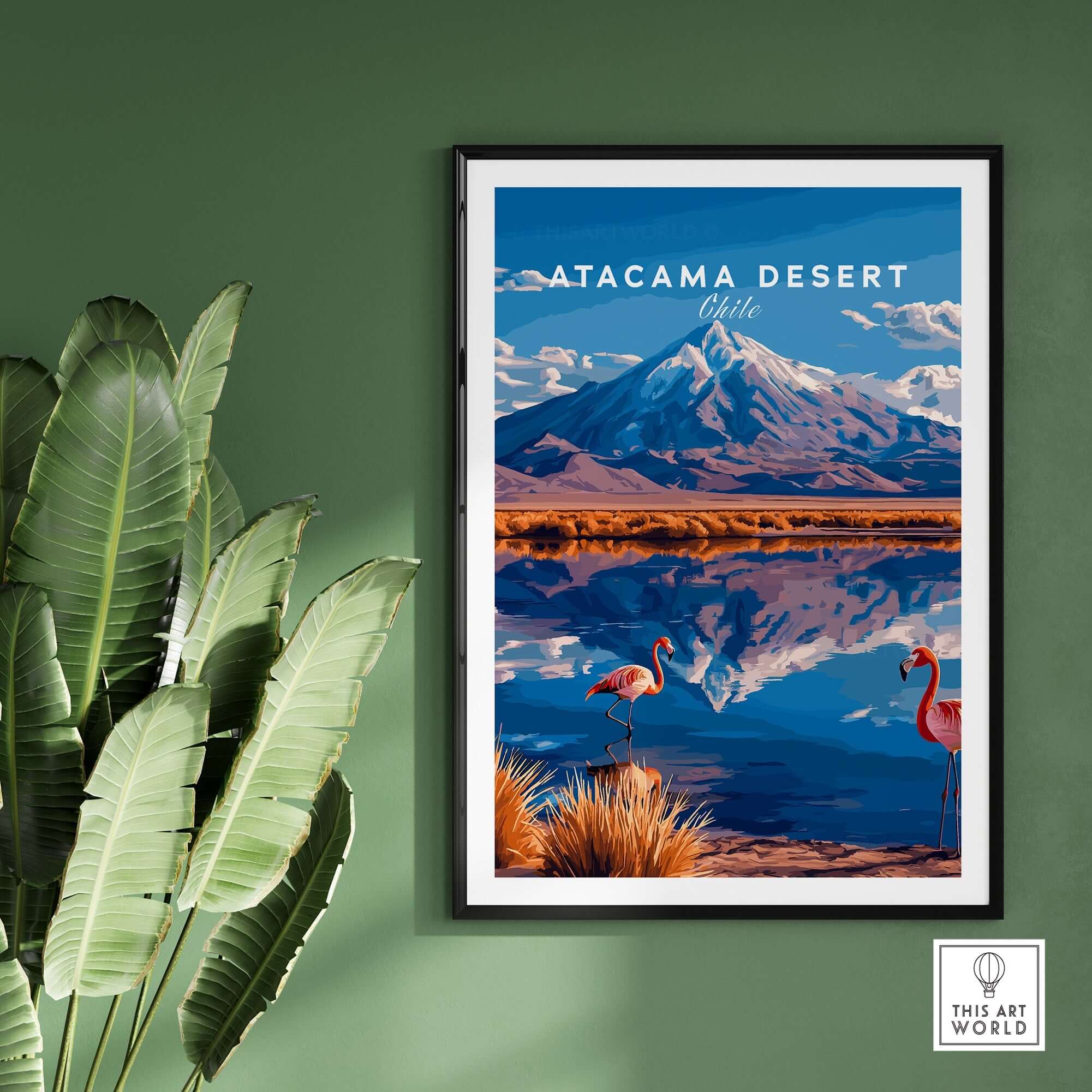 Atacama Desert Print Chile featuring vibrant scenery with flamingos and mountains, ideal for home decor.