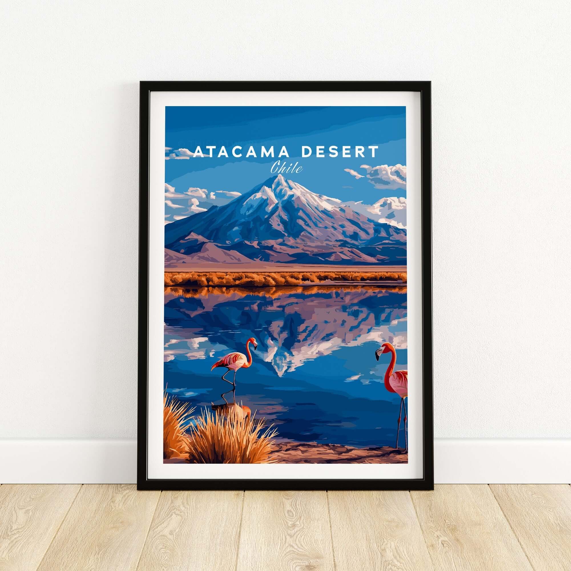 Atacama Desert Print Chile featuring flamingos and mountains, perfect for home decor.