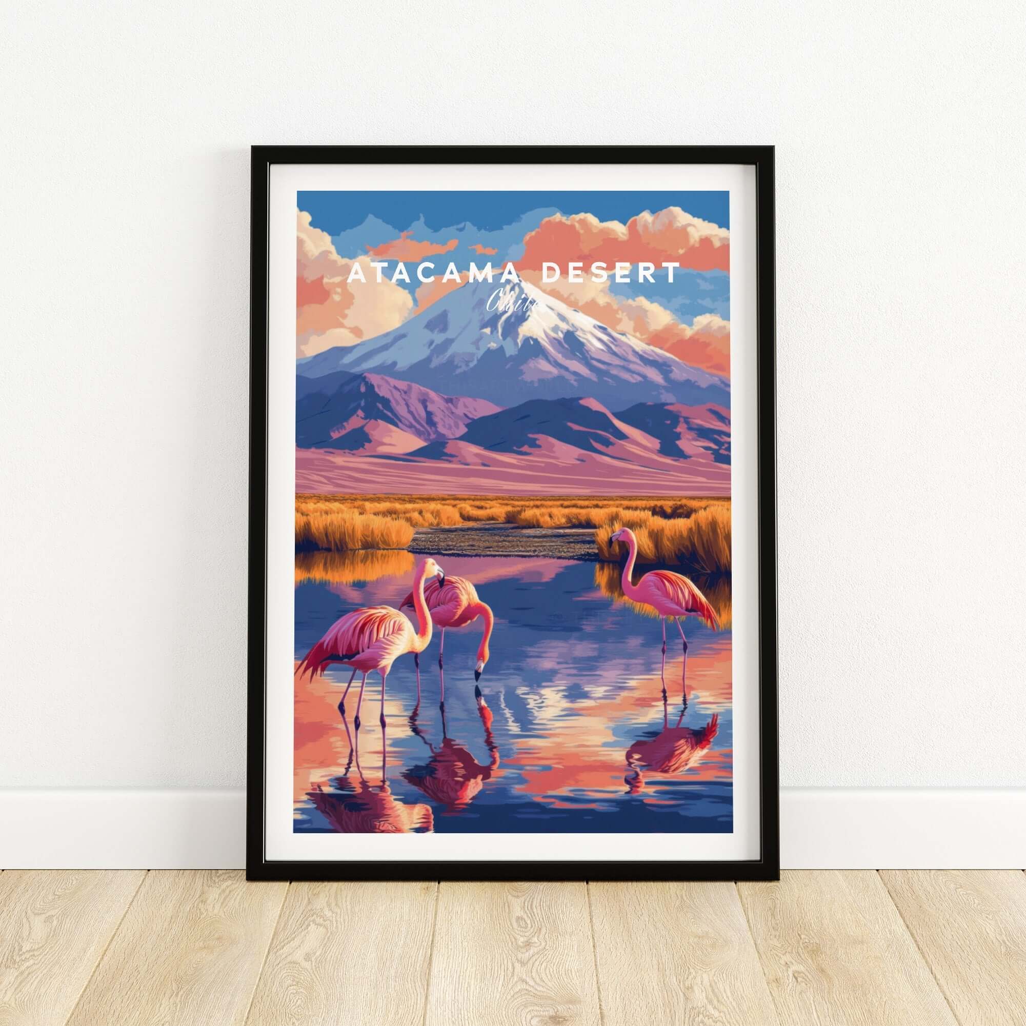 Atacama Desert Print featuring flamingos and vibrant landscapes, perfect for home or office decor.