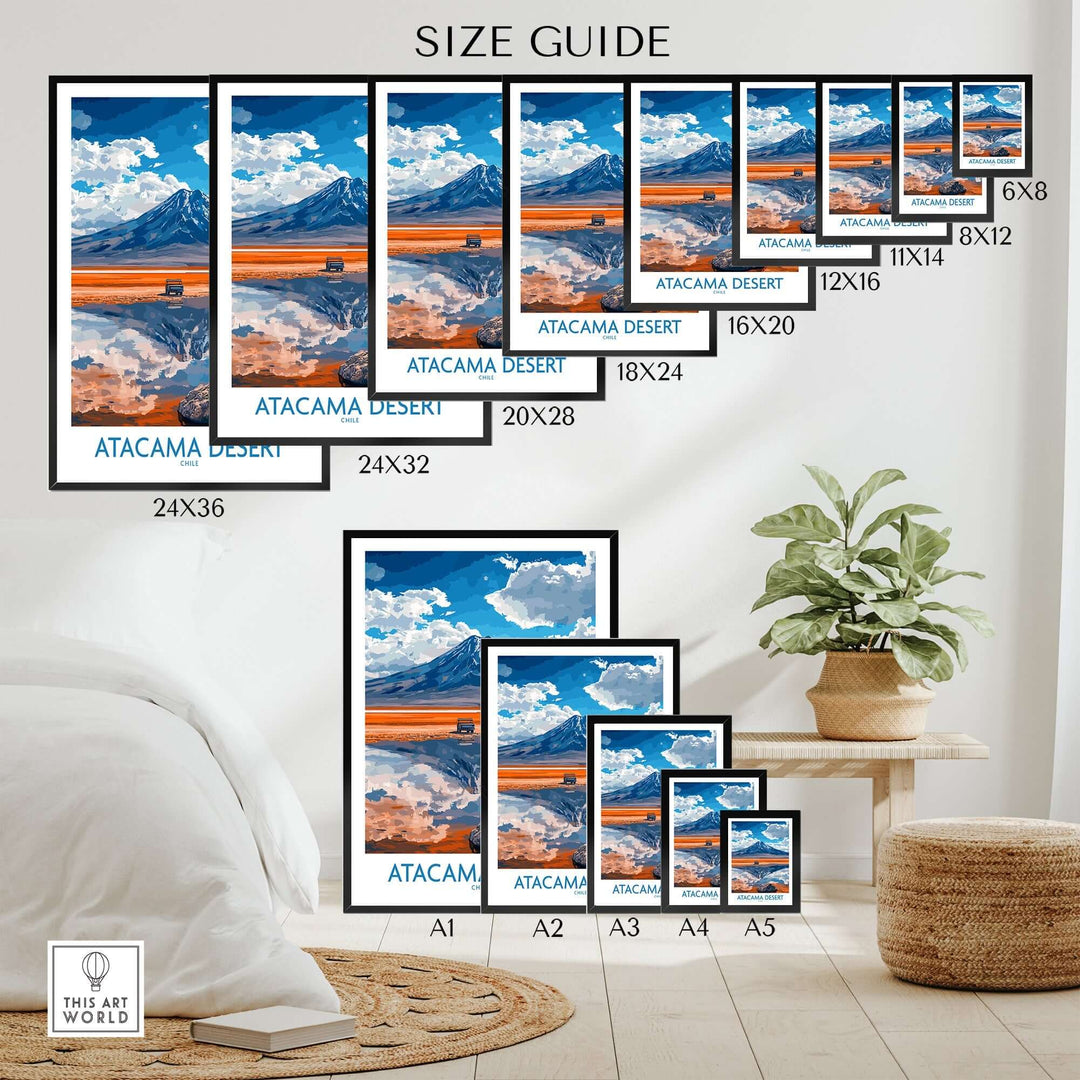 Atacama Desert travel poster size guide showcasing various frame sizes and dimensions in a cozy interior setting.