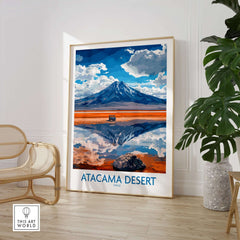 Atacama Desert Travel Poster showcasing vibrant colors and mountain reflection in a stylish interior setting.