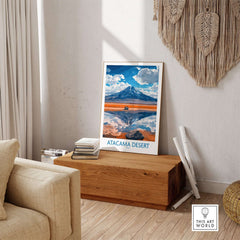 Atacama Desert Travel Poster showcased in a cozy living room setting, highlighting its vibrant colors and artistic design.
