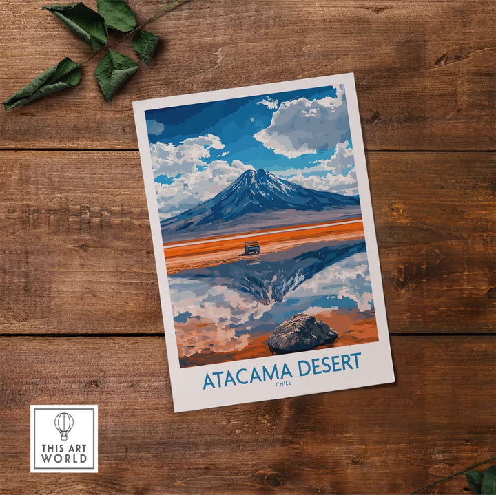 Atacama Desert travel poster featuring a mountain and reflection, vibrant colors, and a serene landscape scene.