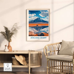 Atacama Desert Travel Poster featuring vibrant colors and stunning desert landscape in a stylish home setting.