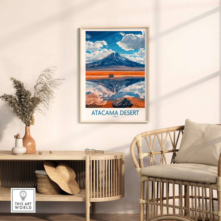 Atacama Desert travel poster displayed on a wall with stylish furniture, showcasing vibrant colors and stunning landscapes.