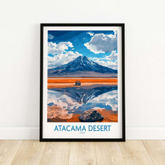 Atacama Desert Travel Poster showcasing a stunning landscape of mountains and reflections in Chile.