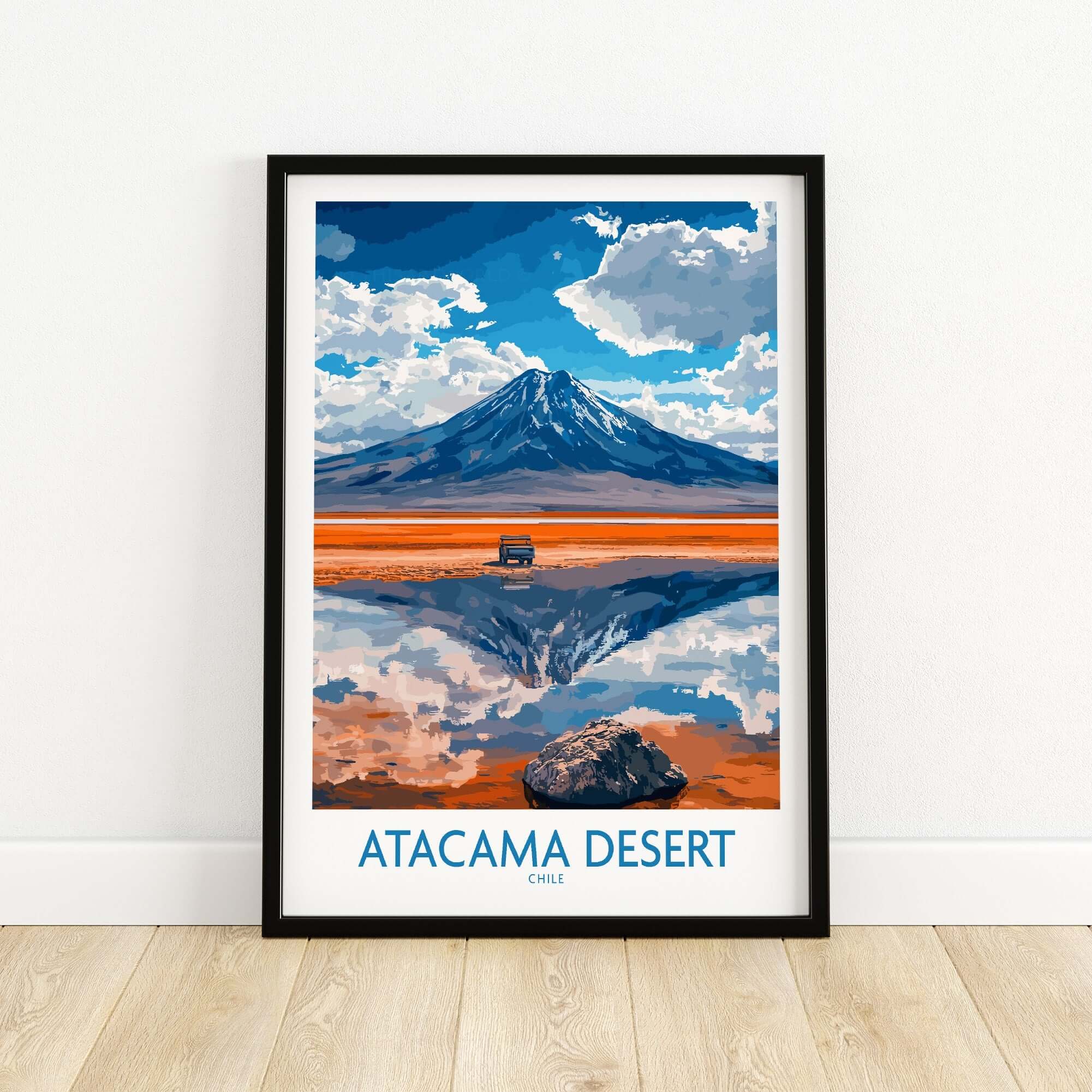Atacama Desert Travel Poster showcasing a stunning landscape of mountains and reflections in Chile.