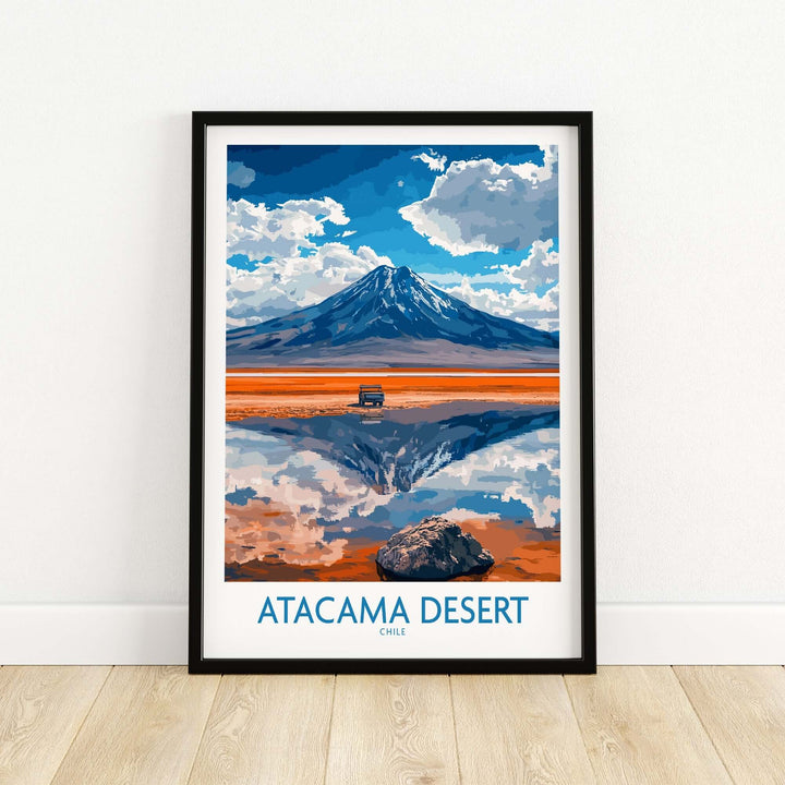 Atacama Desert travel poster showcasing stunning scenery, mountains, and reflections in vibrant colors. Perfect for wanderlust inspiration.