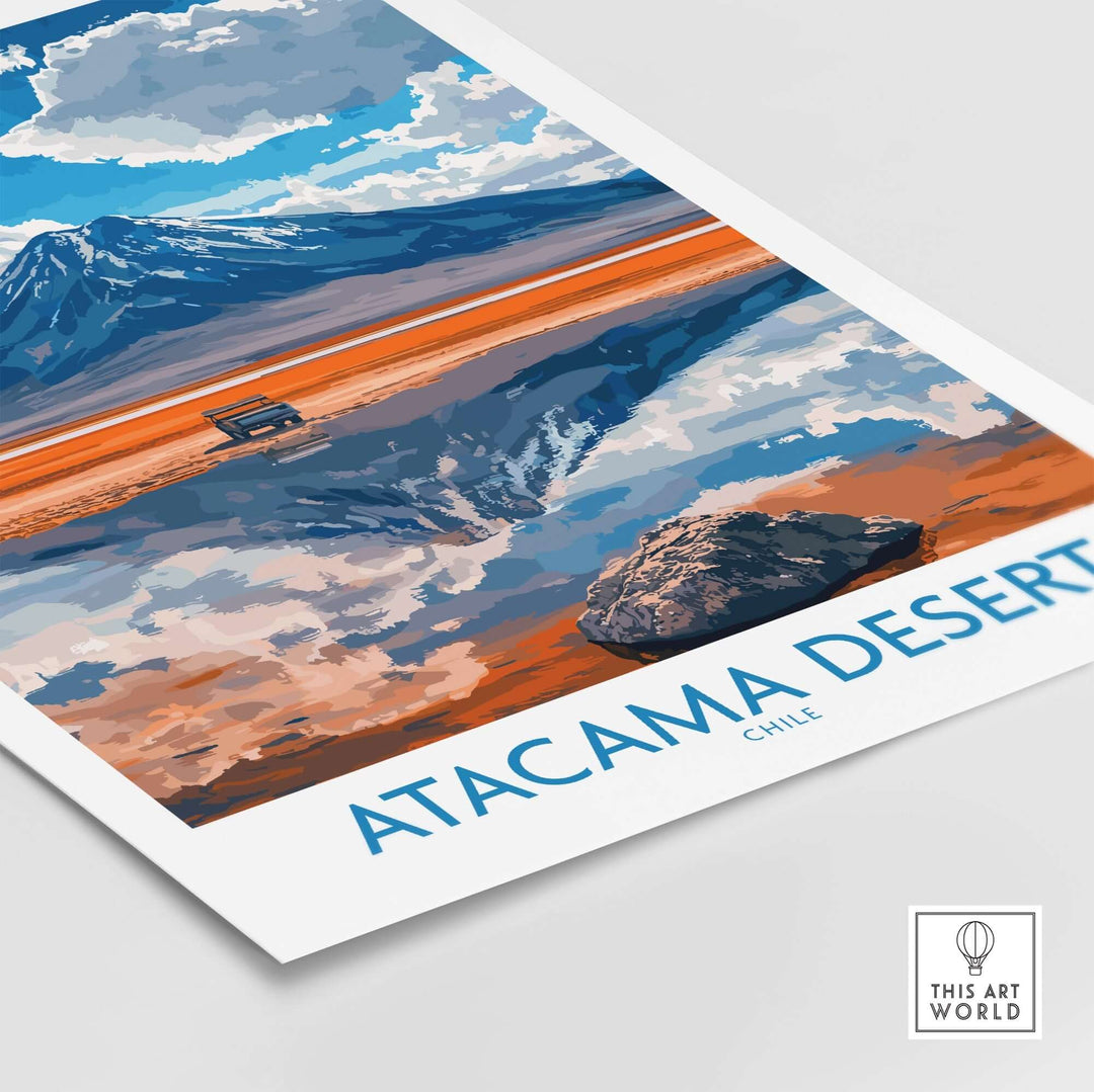 Atacama Desert travel poster showcasing vibrant colors and stunning landscapes of Chile's arid beauty.