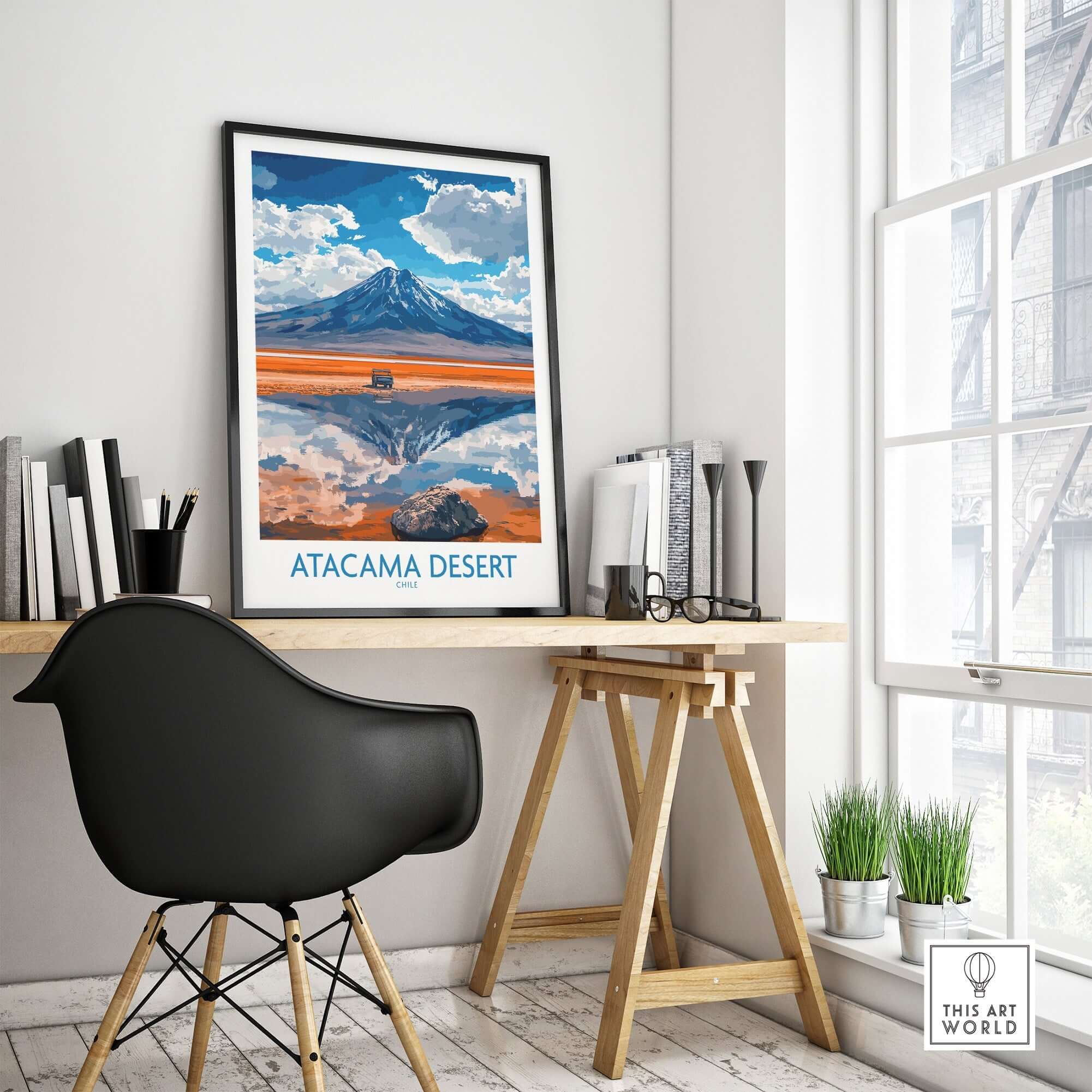 Atacama Desert Travel Poster artwork displayed in a modern home office setting with stylish furniture and sunlight.