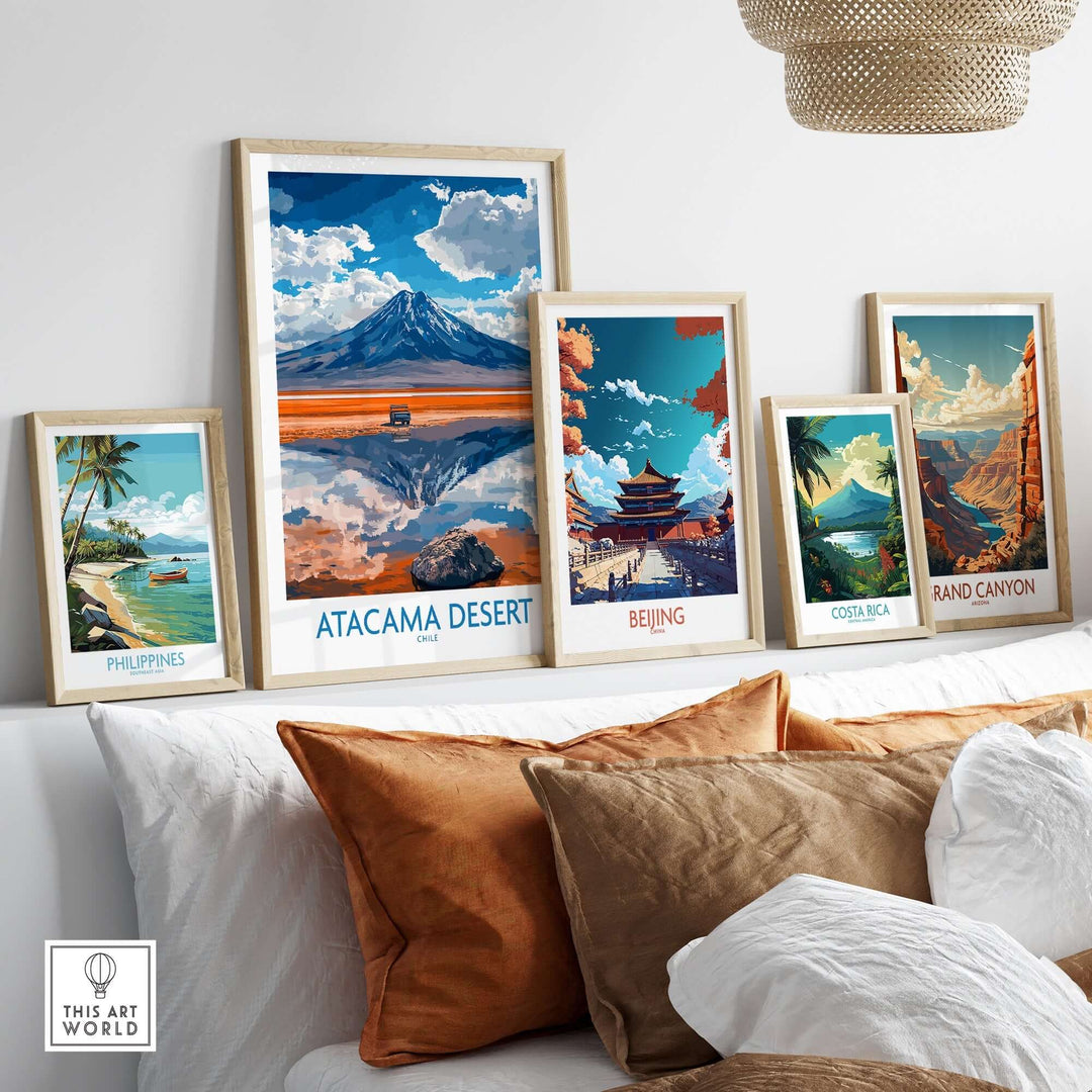 Atacama Desert travel poster surrounded by framed travel art of Philippines, Beijing, Costa Rica, and Grand Canyon on a stylish shelf.