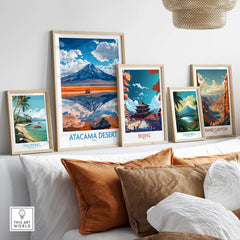 Atacama Desert Travel Poster displayed among other travel posters on a stylish home decor shelf.