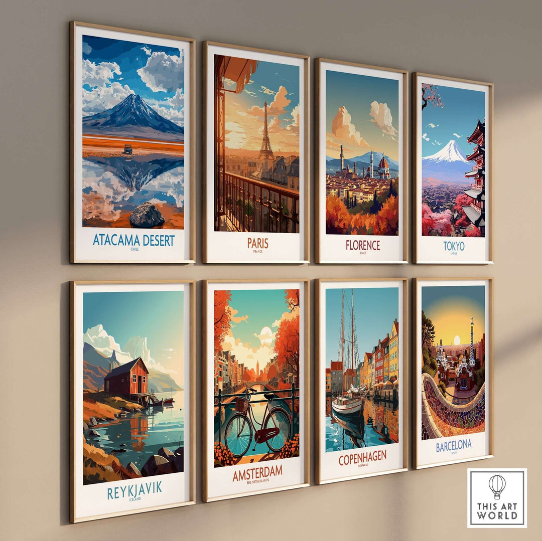 Collection of vintage travel posters featuring Atacama Desert, Paris, Florence, Tokyo, Reykjavik, Amsterdam, Copenhagen, and Barcelona.