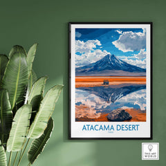 Atacama Desert Travel Poster showcasing stunning landscape and reflection of mountains in vibrant colors.