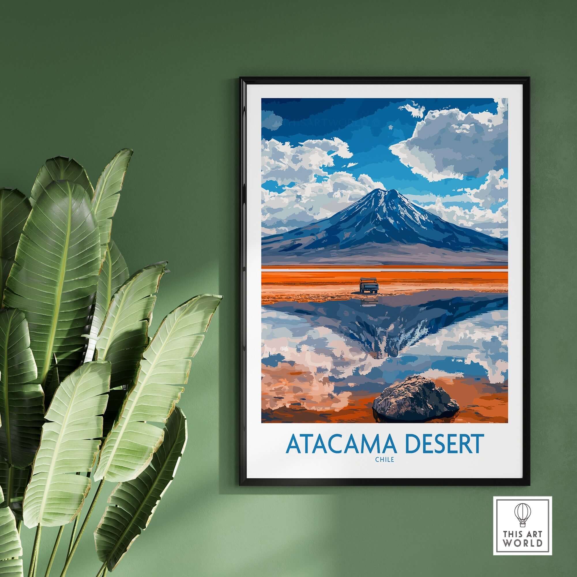 Atacama Desert Travel Poster showcasing stunning landscape and reflection of mountains in vibrant colors.