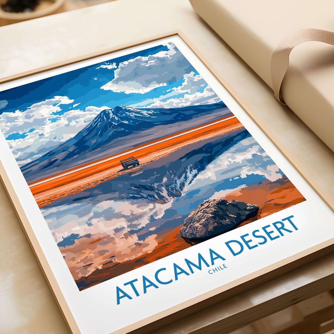 Atacama Desert travel poster showcasing vibrant colors and scenic landscape with mountains and reflections in Chile.