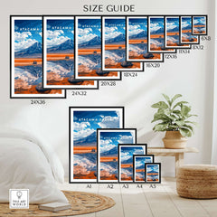Atacama Desert Travel Print size guide showcasing various frame sizes and vibrant desert artwork.