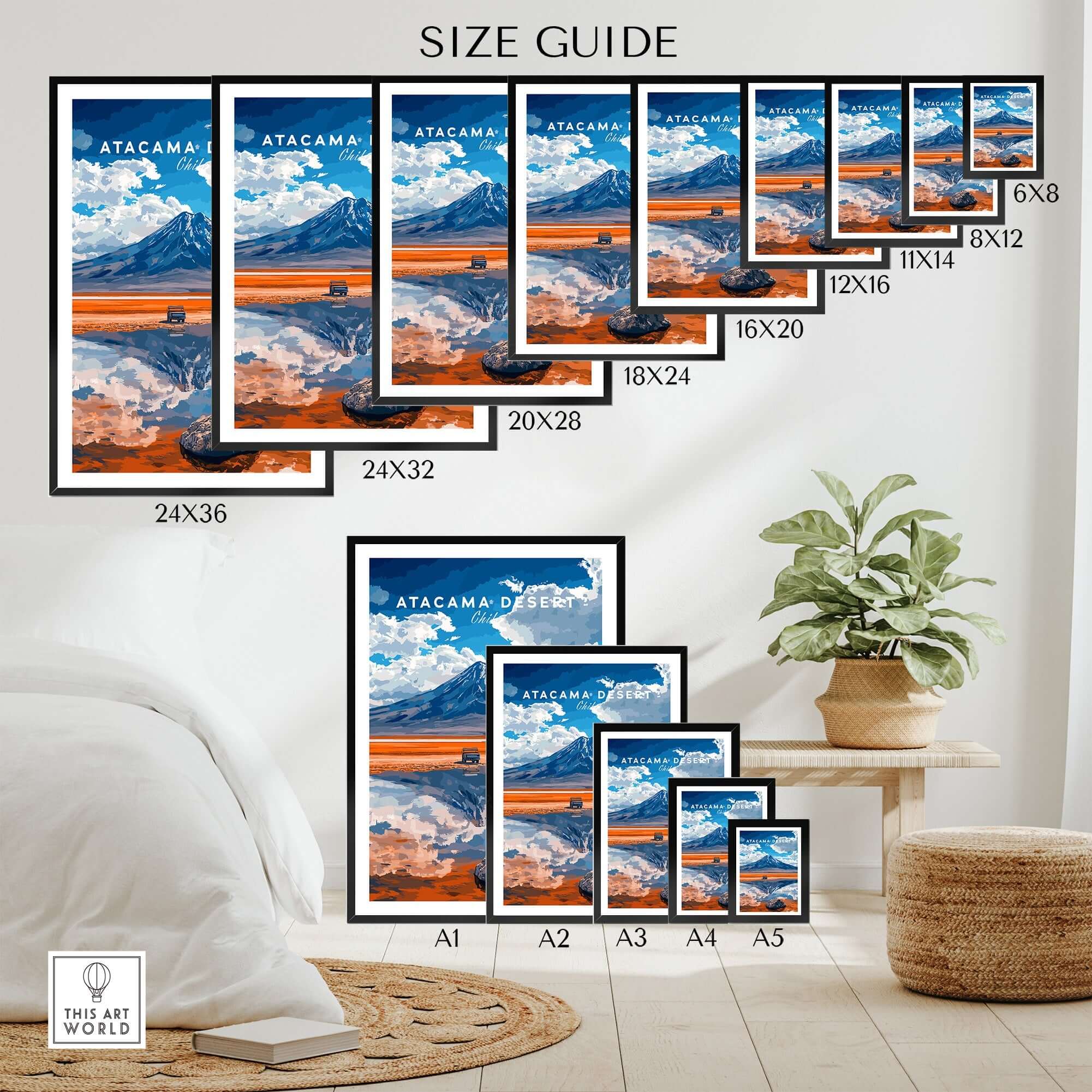 Atacama Desert Travel Print size guide showcasing various frame sizes and vibrant desert artwork.