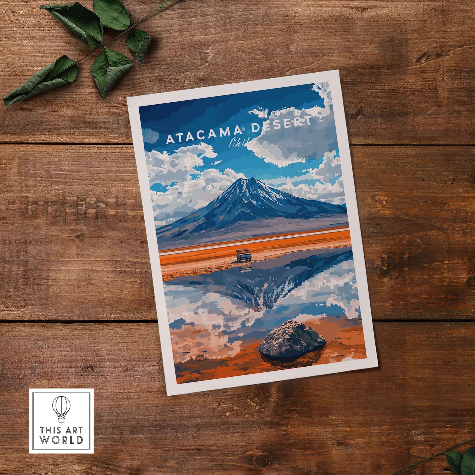 Atacama Desert Travel Print showcasing vibrant colors and stunning mountain reflection.