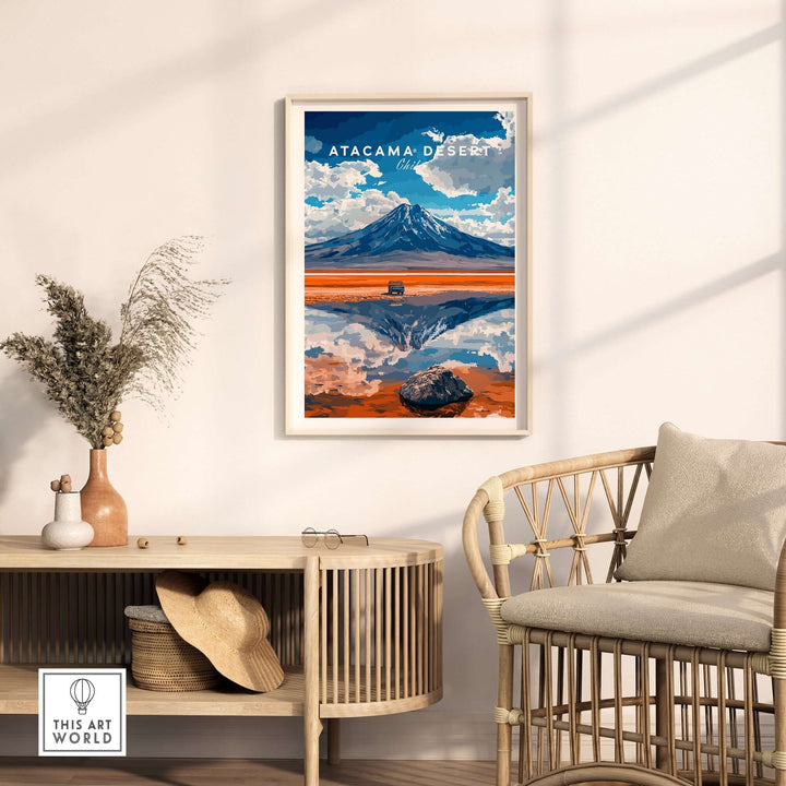 Atacama Desert travel print showcasing vibrant colors and majestic mountains in a stylish home setting.