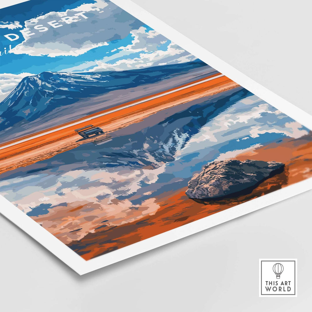 Atacama Desert travel print depicting vibrant landscapes, mountains, and reflective waters in rich colors.