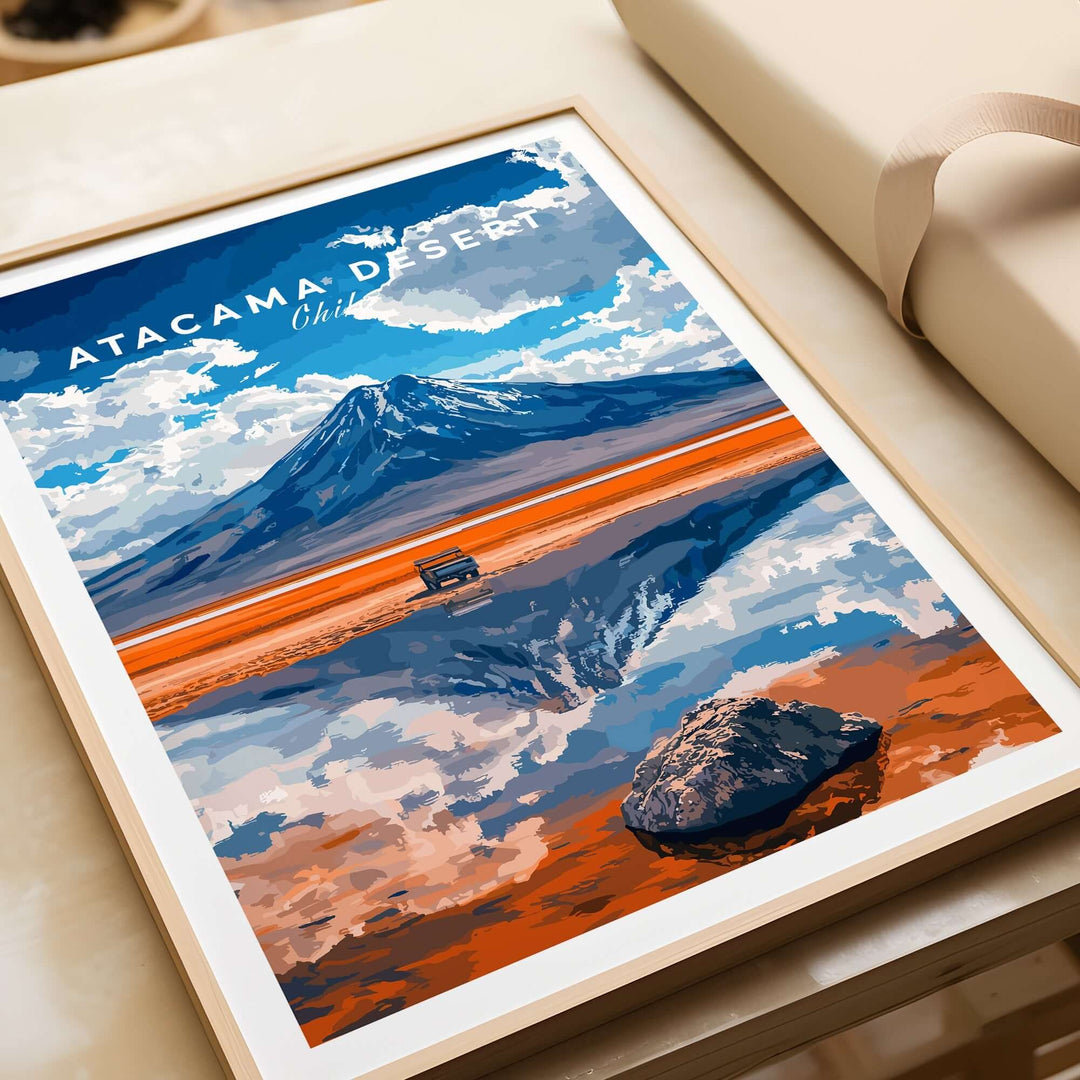 Atacama Desert travel print featuring vibrant colors, mountains, and a reflective landscape for home or office decor.